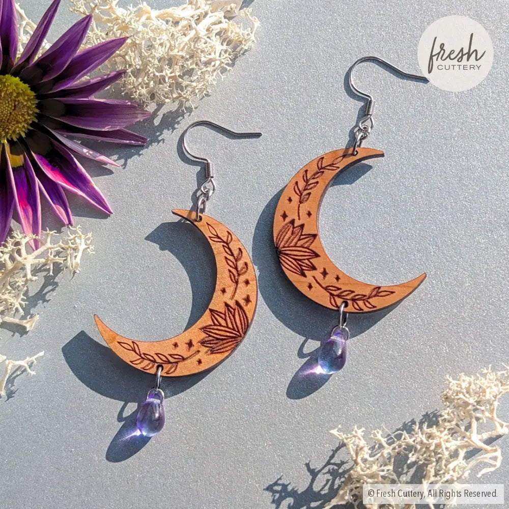 Botanical Crescent Moon Earrings Silver Ear Wires Dangle and Drop Earrings