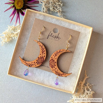 Botanical Crescent Moon Earrings Dangle and Drop Earrings
