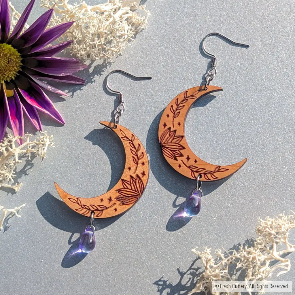 Botanical Crescent Moon Earrings Silver Ear Wires Dangle and Drop Earrings