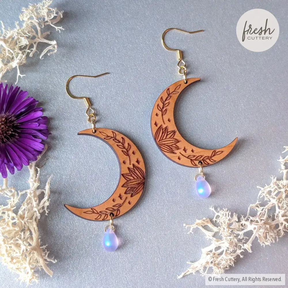 Botanical Crescent Moon Earrings Gold Ear Wires / 1. Purple Haze Dangle and Drop Earrings