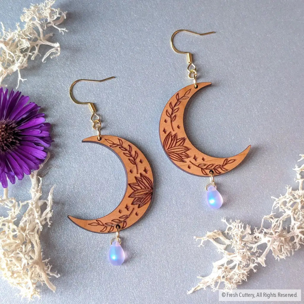 Botanical Crescent Moon Earrings Gold Ear Wires / 1. Purple Haze Dangle and Drop Earrings
