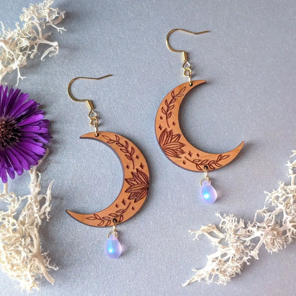 Botanical Crescent Moon Earrings Gold Ear Wires / 1. Purple Haze Dangle and Drop Earrings