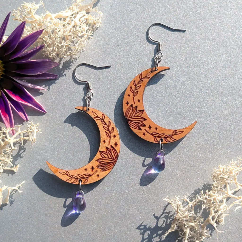 Botanical Crescent Moon Earrings Dangle and Drop Earrings