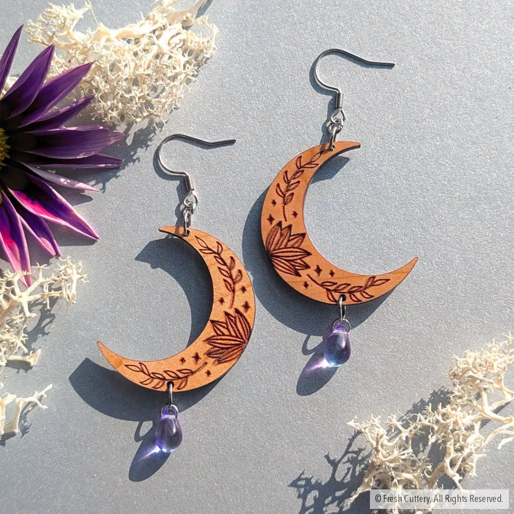 Botanical Crescent Moon Earrings Dangle and Drop Earrings