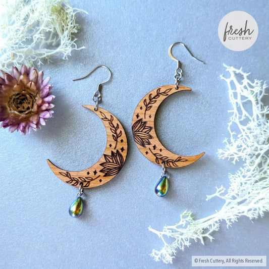 Botanical Crescent Moon Earrings Silver Ear Wires Dangle And Drop