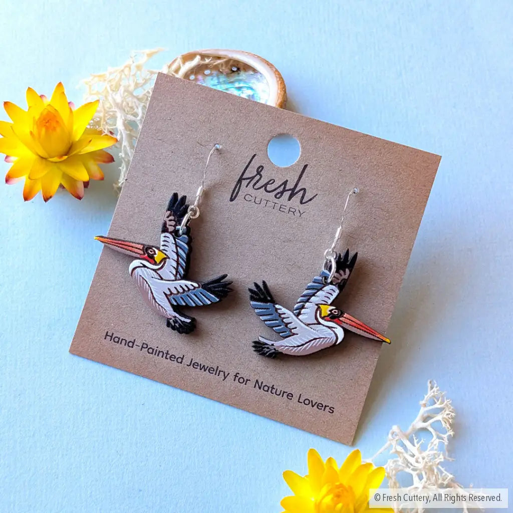 Brown Pelican Earrings -.925 Sterling Silver Ear Wires - Dangle and Drop Earrings