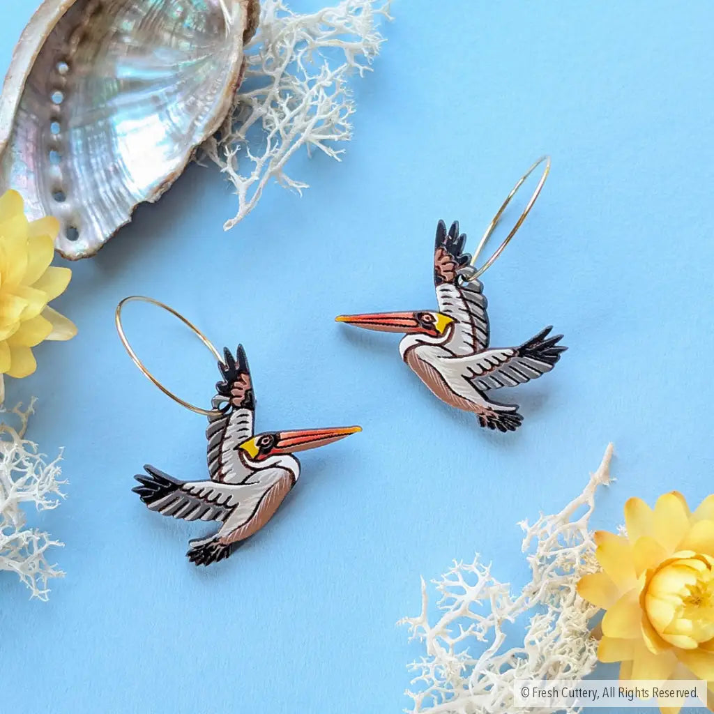Brown Pelican Earrings - Gold Hoops - Dangle and Drop Earrings
