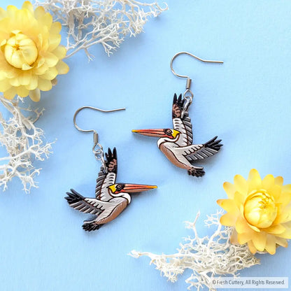 Brown Pelican Earrings - Silver Ear Wires - Dangle and Drop Earrings