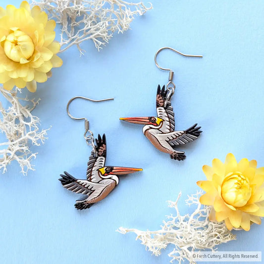 Brown Pelican Earrings - Silver Ear Wires - Dangle and Drop Earrings
