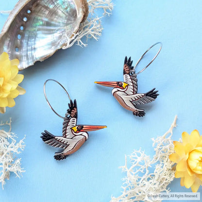 Brown Pelican Earrings - Silver Hoops - Dangle and Drop Earrings