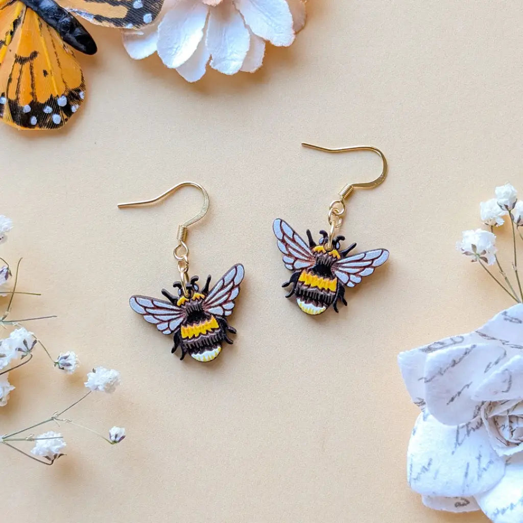 Bumblebee Earrings Gold Ear Wires Dangle and Drop Earrings