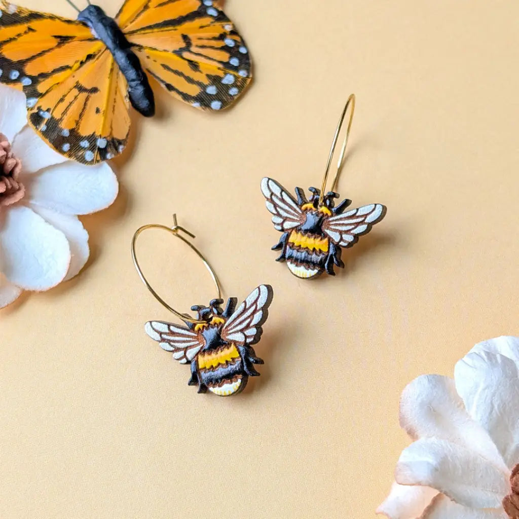 Bumblebee Earrings Gold Hoops Dangle and Drop Earrings