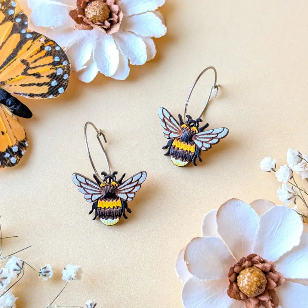 Bumblebee Earrings Silver Hoops Dangle and Drop Earrings