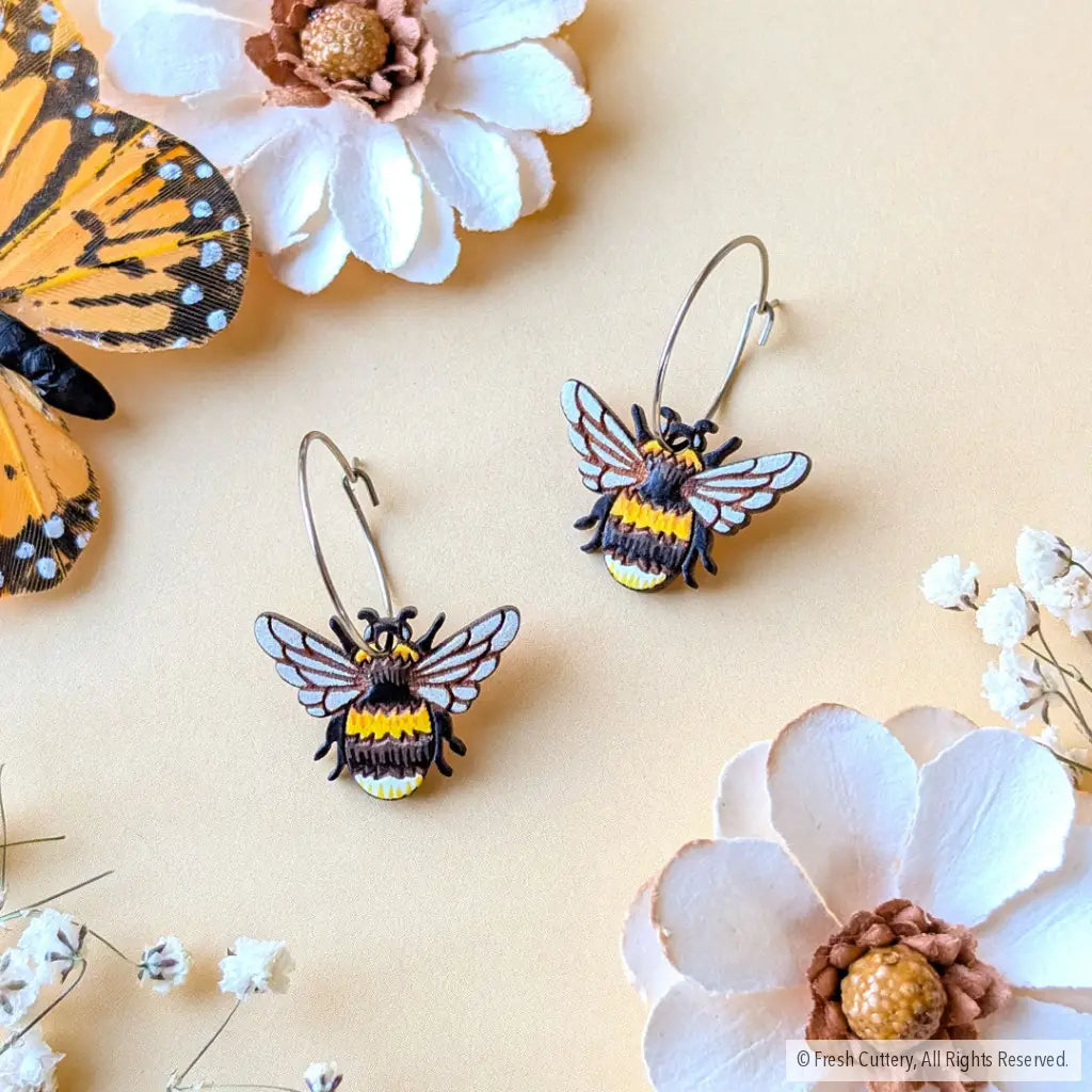 Bumblebee Earrings Silver Hoops Dangle and Drop Earrings