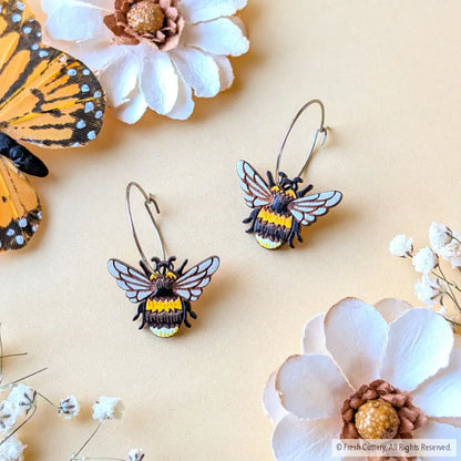 Bumblebee Earrings Silver Hoops Dangle and Drop Earrings