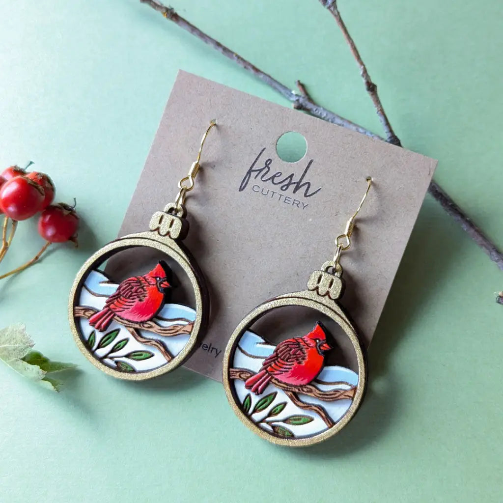 Cardinal Bird Christmas Ornament Earrings Dangle And Drop
