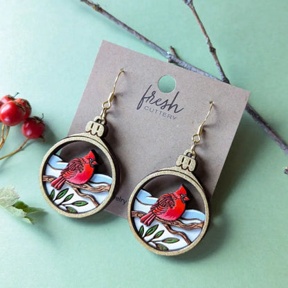 Cardinal Bird Christmas Ornament Earrings Dangle And Drop