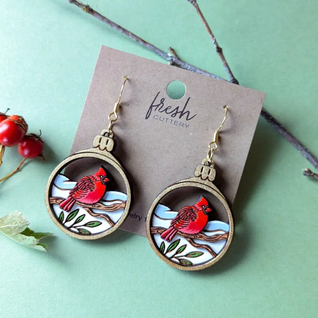 Cardinal Bird Christmas Ornament Earrings Dangle And Drop