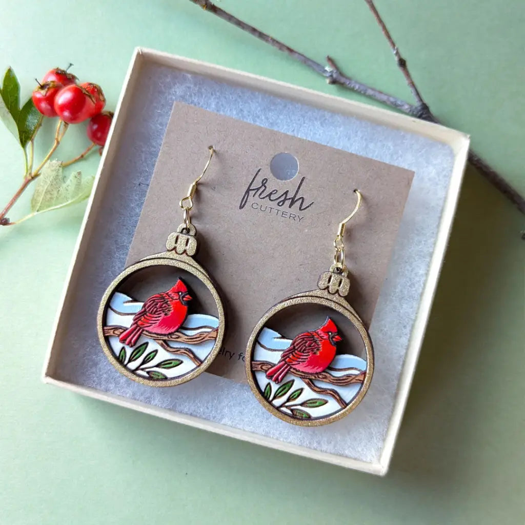 Cardinal Bird Christmas Ornament Earrings Dangle And Drop