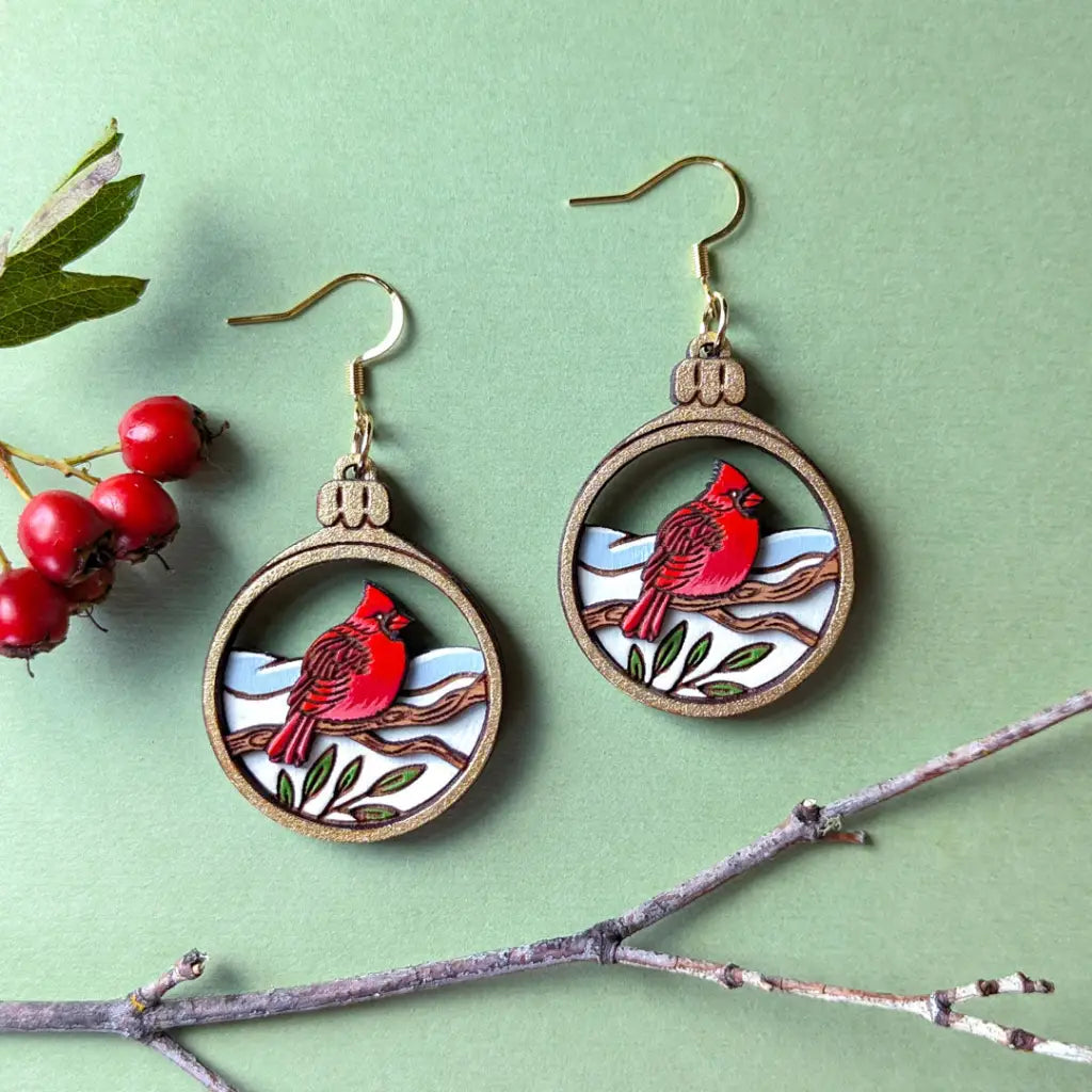 Cardinal Bird Christmas Ornament Earrings Dangle And Drop