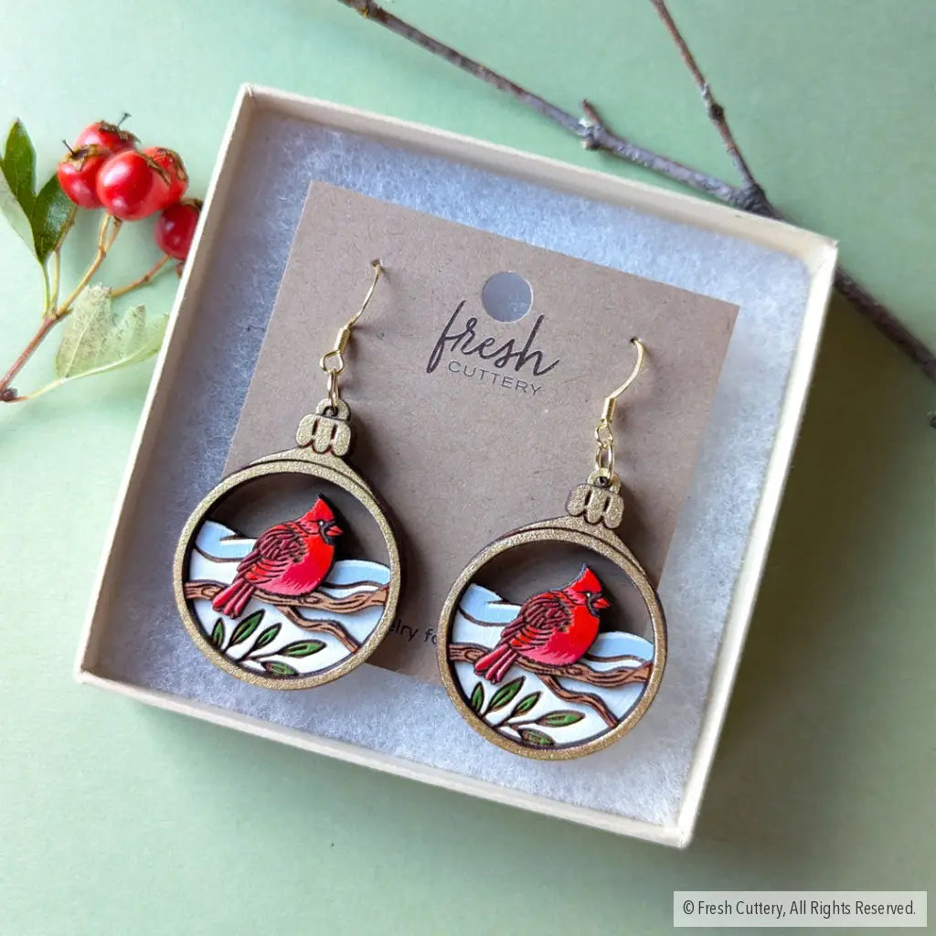 Cardinal Bird Christmas Ornament Earrings Dangle And Drop