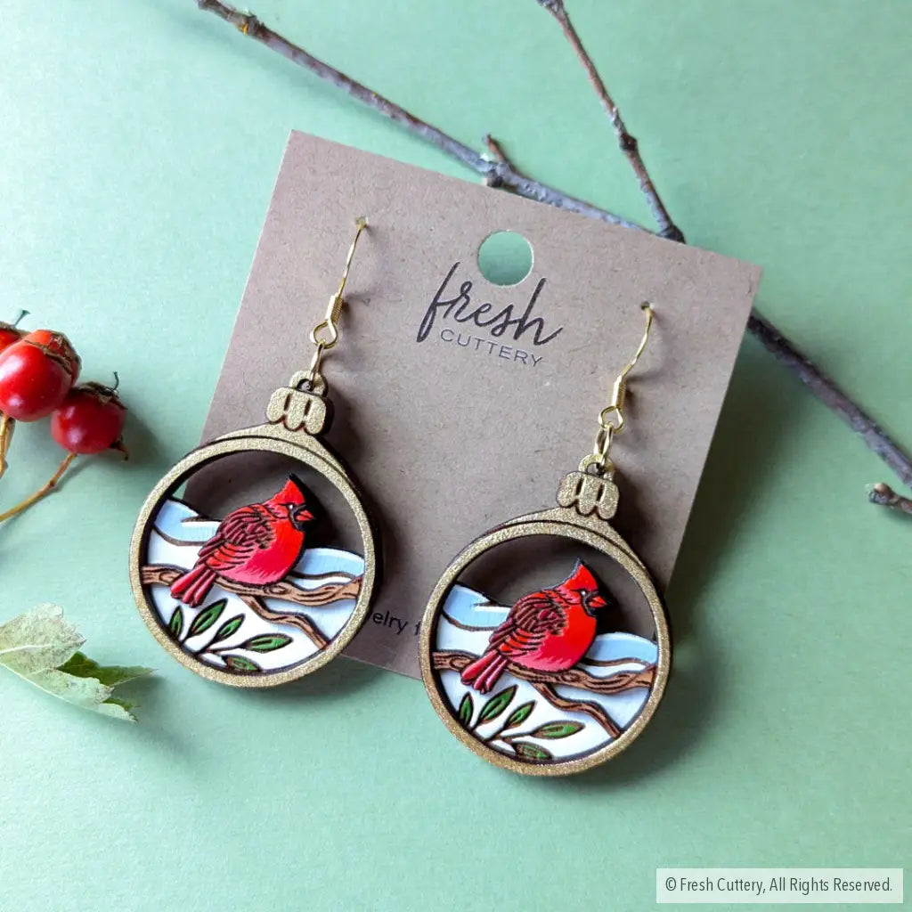 Cardinal Bird Christmas Ornament Earrings Dangle And Drop