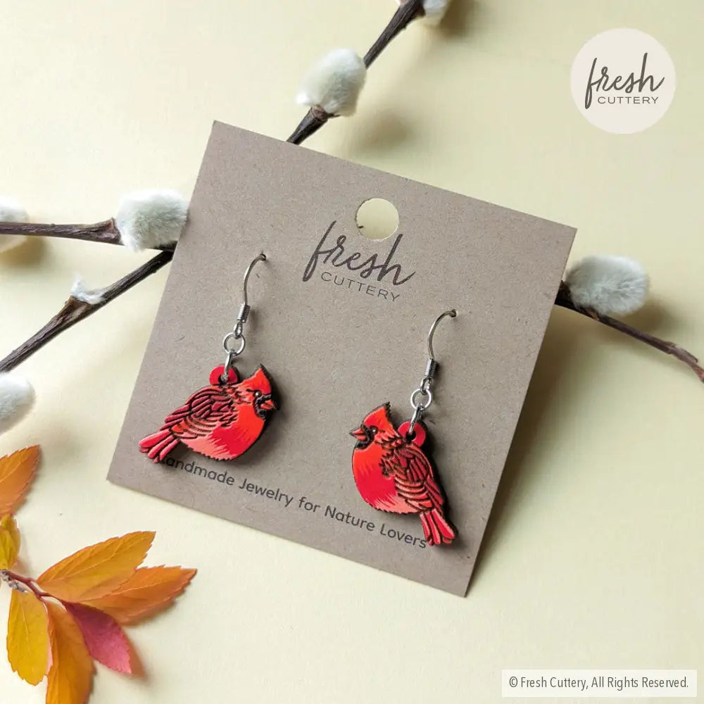 Cardinal Bird Mini Hoops Silver Ear Wires Dangle And Drop Earrings