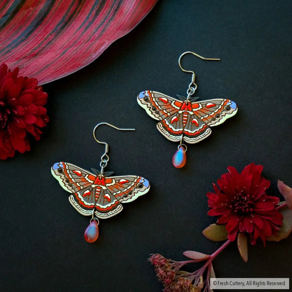 Cecropia Moth Earrings - Silver Ear Wires - Dangle and Drop Earrings
