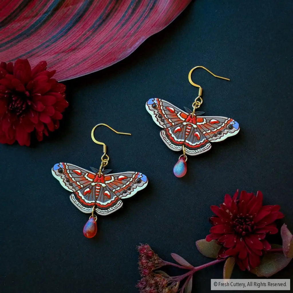 Cecropia Moth Earrings - Gold Ear Wires - Dangle and Drop Earrings