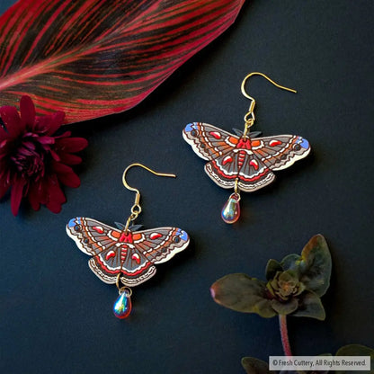 Cecropia Moth Earrings - Gold Ear Wires with Bead - Dangle and Drop Earrings
