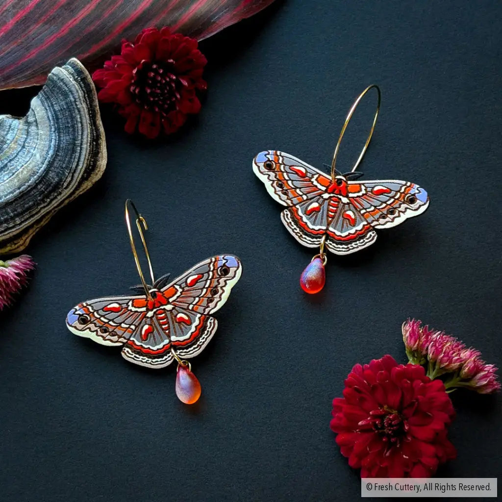 Cecropia Moth Earrings - Gold Hoops - Dangle and Drop Earrings
