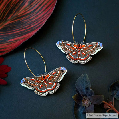 Cecropia Moth Earrings - Gold Hoops no Bead - Dangle and Drop Earrings