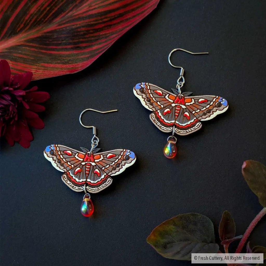 Cecropia Moth Earrings - Silver Ear Wires with Bead - Dangle and Drop Earrings