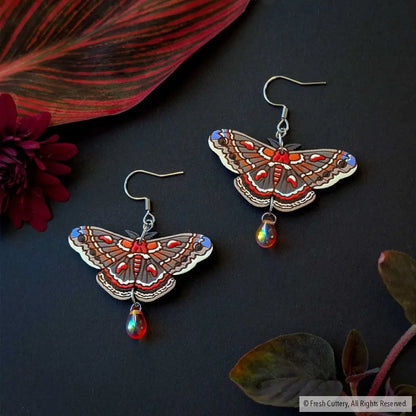 Cecropia Moth Earrings - Silver Ear Wires with Bead - Dangle and Drop Earrings