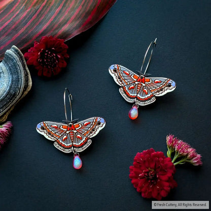 Cecropia Moth Earrings - Silver Hoops - Dangle and Drop Earrings