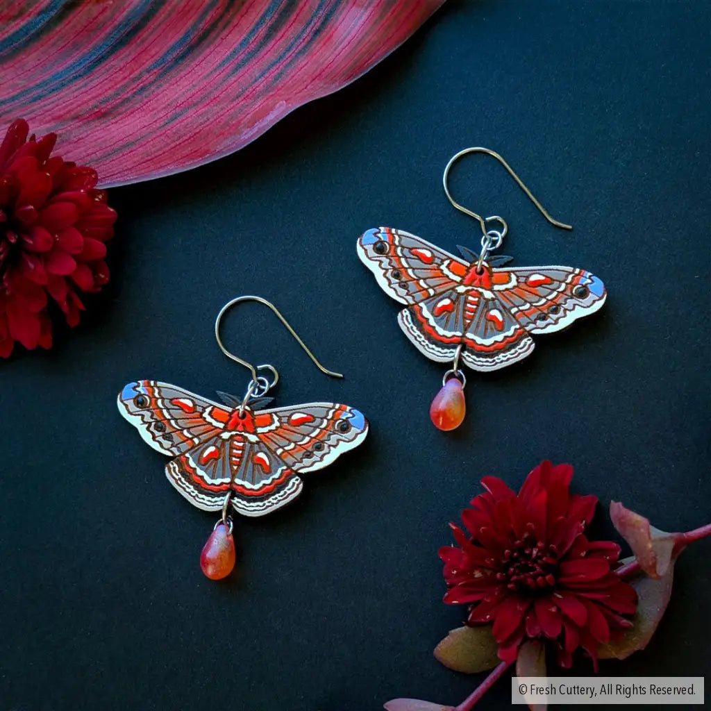 Cecropia Moth Earrings - Titanium Ear Wires - Dangle and Drop Earrings