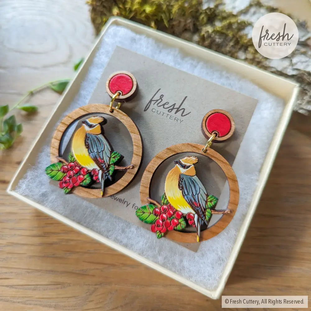 Cedar Waxwing Bird Earrings Dangle And Drop