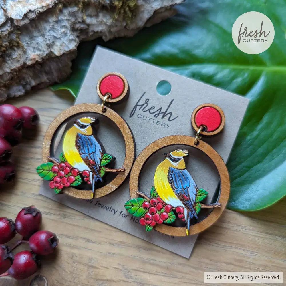 Cedar Waxwing Bird Earrings Dangle And Drop