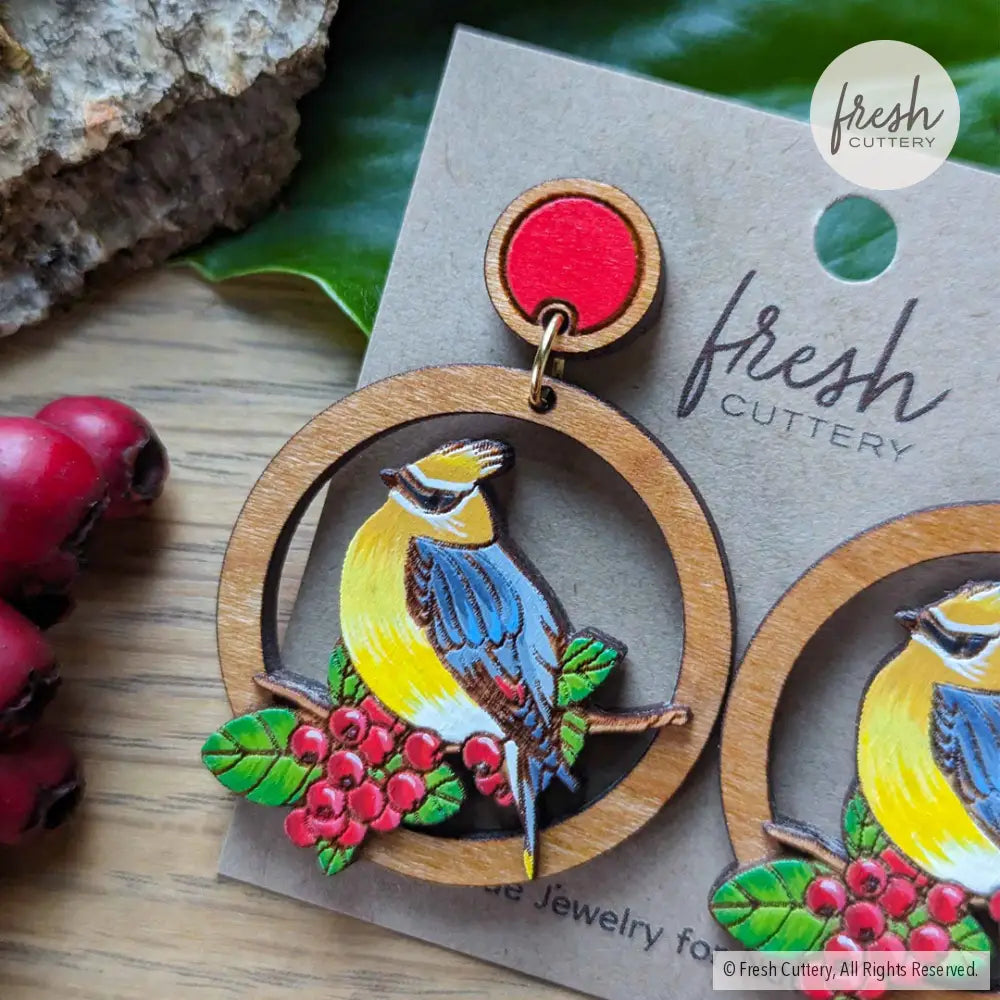 Cedar Waxwing Bird Earrings Dangle And Drop