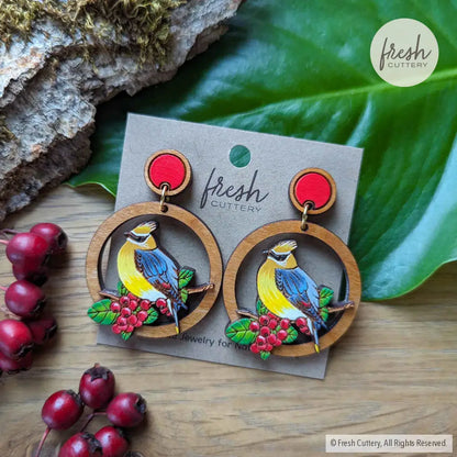 Cedar Waxwing Bird Earrings Painted Wood Studs Dangle And Drop