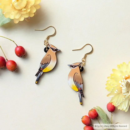 Cedar Waxwing Earrings - Gold Ear Wires - Dangle and Drop Earrings