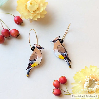Cedar Waxwing Earrings - Gold Hoops - Dangle and Drop Earrings