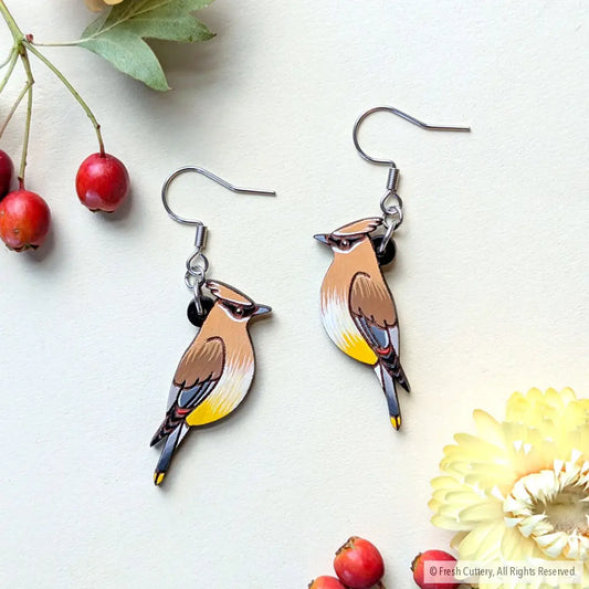 Cedar Waxwing Earrings - Silver Ear Wires - Dangle and Drop Earrings