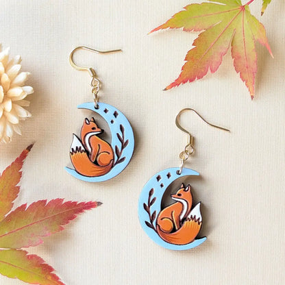 Celestial Fox Earrings Gold Ear Wires Dangle and Drop Earrings