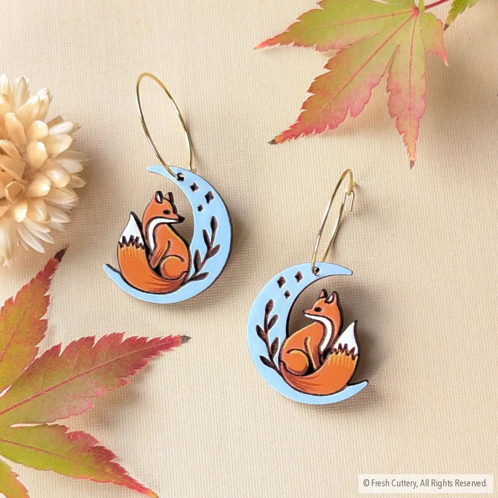 Celestial Fox Earrings Gold Hoops Dangle and Drop Earrings