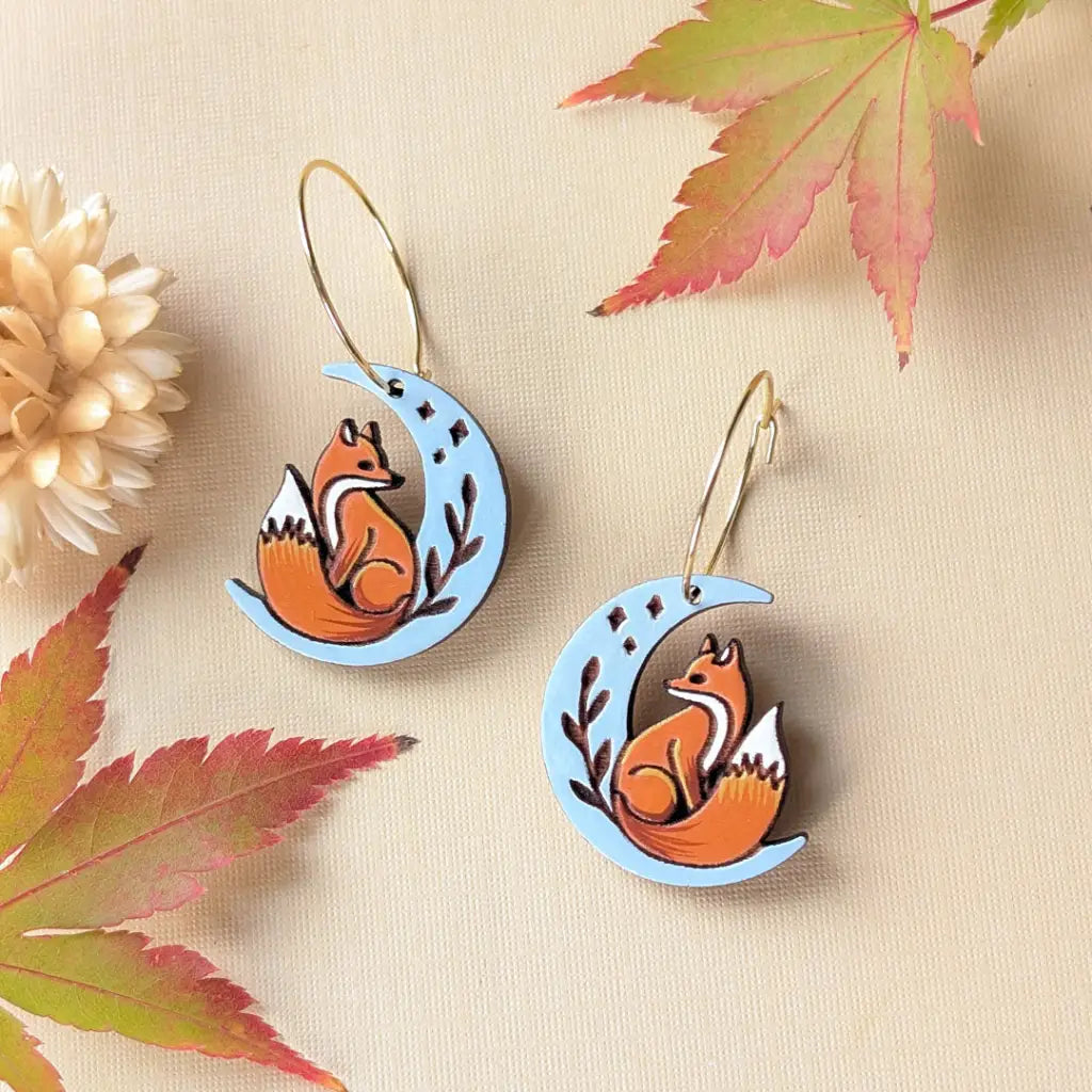 Celestial Fox Earrings Gold Hoops Dangle and Drop Earrings