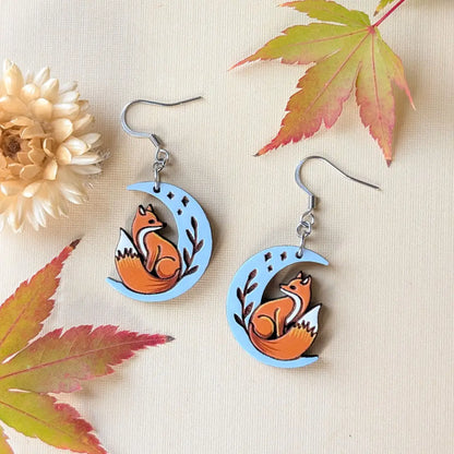 Celestial Fox Earrings Silver Ear Wires Dangle and Drop Earrings