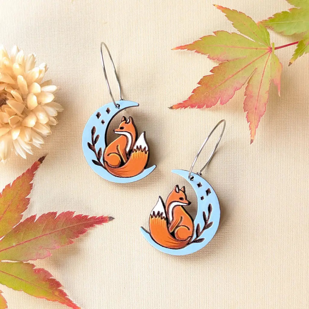 Celestial Fox Earrings Silver Hoops Dangle and Drop Earrings