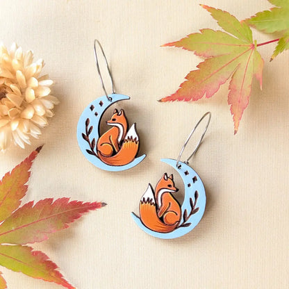 Celestial Fox Earrings Silver Hoops Dangle and Drop Earrings