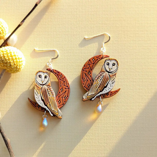 Celestial Owl Statement Earrings Sterling Silver Ear Wires Dangle And Drop
